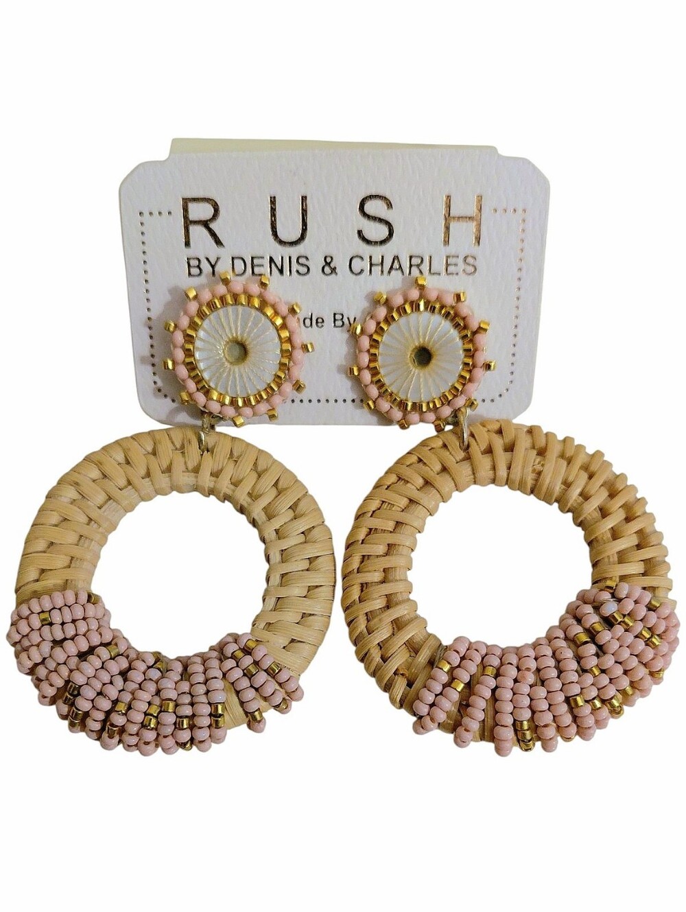 Rush By Denis & Charles Beaded Woven Rattan Circle Bohemian Earrings